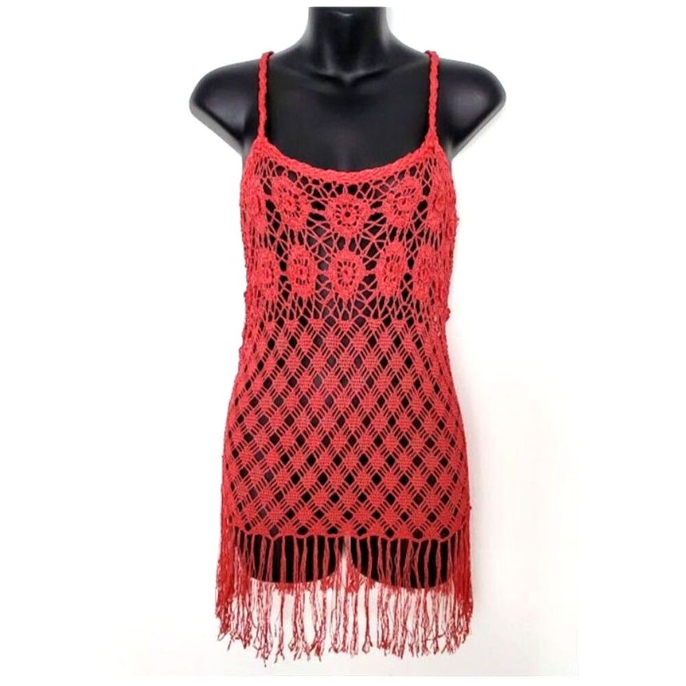 Arden B. VTG Y2K Archival Crochet Fringe Tunic Tank Top Sz M Terracotta Rayon